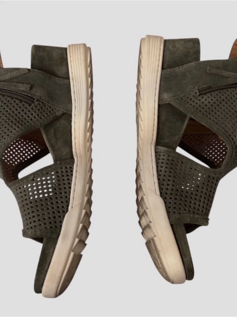 Sofft Shandi Perforated Suede Wedge Sandals - Olive Green